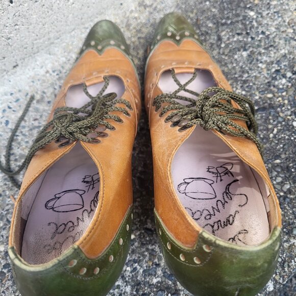 John Fleuvog Leather Lace ups Heels Size 8.5 Vintage Green and Brown Shoes - Picture 11 of 12